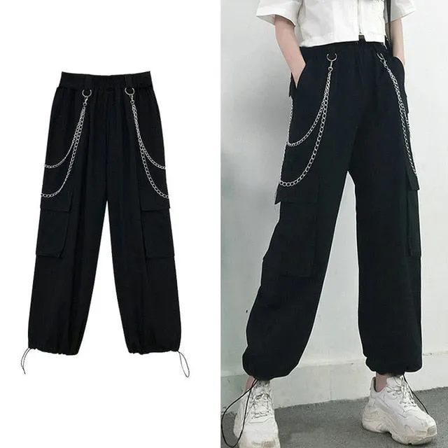 Yeknu Streetwear Cargo Pants Women Casual Joggers Black High Waist Loose Female Trousers Korean Style Ribbon Ladies Pants