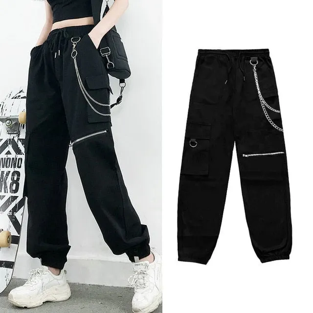 Yeknu Streetwear Cargo Pants Women Casual Joggers Black High Waist Loose Female Trousers Korean Style Ribbon Ladies Pants